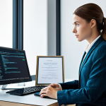 Digital Law Specialist**

A professional female lawyer in a modern, well-lit office, fully clothed in a stylish business suit, working on a computer with complex code visible on the screen. The background includes legal books and a framed diploma. The image emphasizes her expertise in Digital Law and Data Protection (LGPD). Safe for work, appropriate content, perfect anatomy, natural proportions, professional, modest, family-friendly, high resolution, detailed, realistic.

**