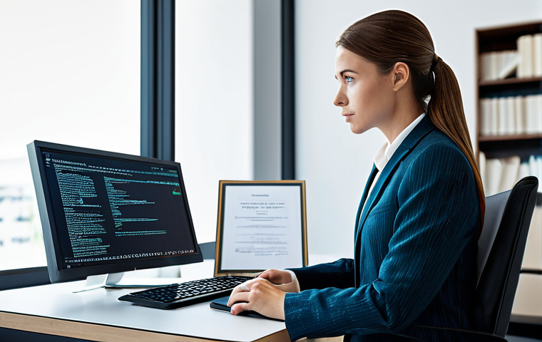 Digital Law Specialist**

A professional female lawyer in a modern, well-lit office, fully clothed in a stylish business suit, working on a computer with complex code visible on the screen. The background includes legal books and a framed diploma. The image emphasizes her expertise in Digital Law and Data Protection (LGPD). Safe for work, appropriate content, perfect anatomy, natural proportions, professional, modest, family-friendly, high resolution, detailed, realistic.

**