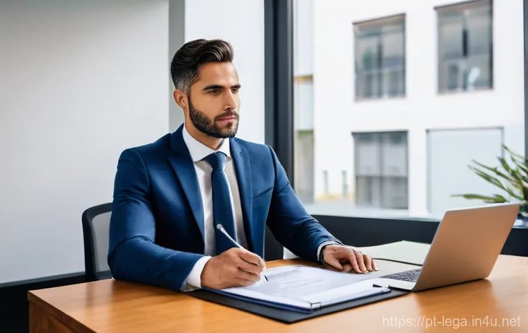 법무사로서 정리해야 할 주요 법률 문서 - **Prompt:** A Portuguese male or female solicitor, professionally dressed in a modern office, is sit...