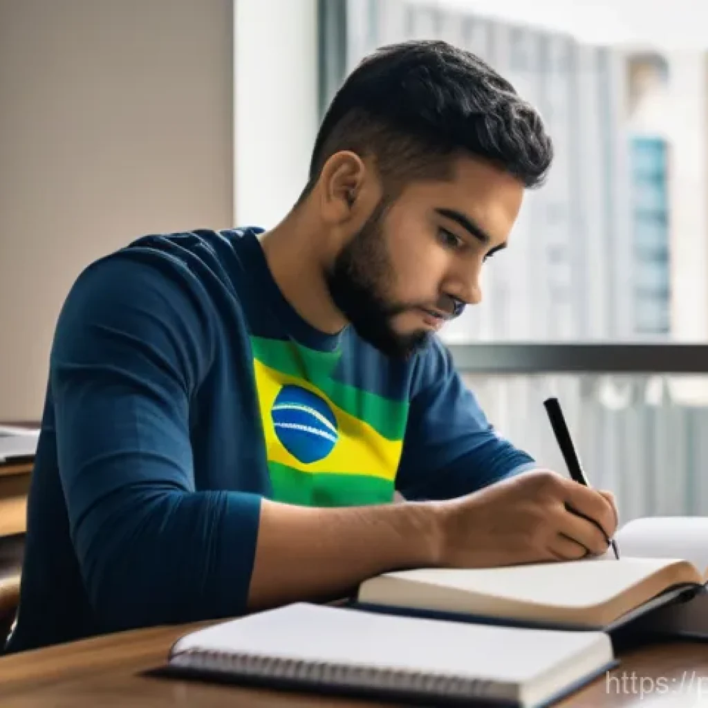 법무사 시험의 최근 합격 트렌드 - **Prompt:** A focused young law student, of Brazilian descent, sits at a contemporary study desk, su...