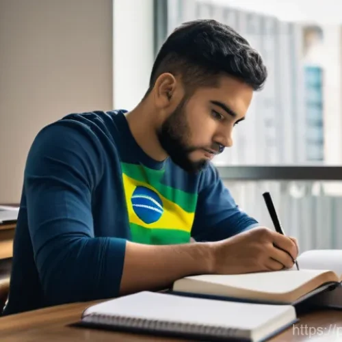 법무사 시험의 최근 합격 트렌드 - **Prompt:** A focused young law student, of Brazilian descent, sits at a contemporary study desk, su...