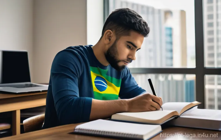 법무사 시험의 최근 합격 트렌드 - **Prompt:** A focused young law student, of Brazilian descent, sits at a contemporary study desk, su...