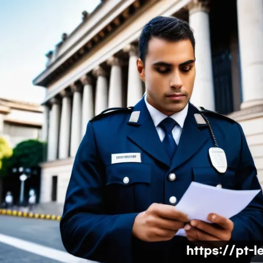 법무사 필수 이론 정리 - A professional court officer in a modern Brazilian urban setting, wearing formal attire with a visib...