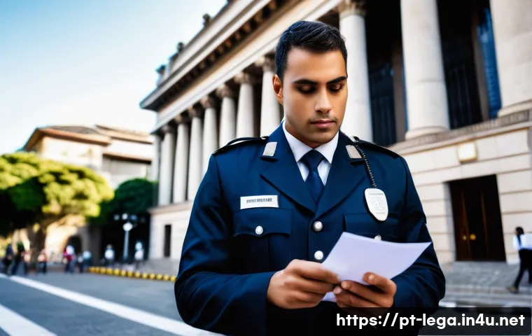법무사 필수 이론 정리 - A professional court officer in a modern Brazilian urban setting, wearing formal attire with a visib...