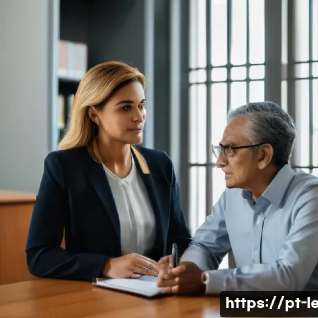 법무사 업무 중 고객 상담 사례 - A professional legal consultation scene in a modern Brazilian law office, featuring a compassionate ...