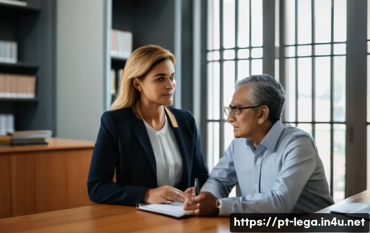 법무사 업무 중 고객 상담 사례 - A professional legal consultation scene in a modern Brazilian law office, featuring a compassionate ...