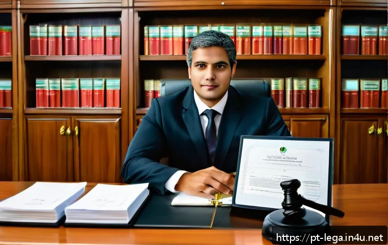 법무사 시험 중 최근 출제 경향 분석 - A professional notary office scene in Brazil, featuring a well-organized desk with authentic Brazili...