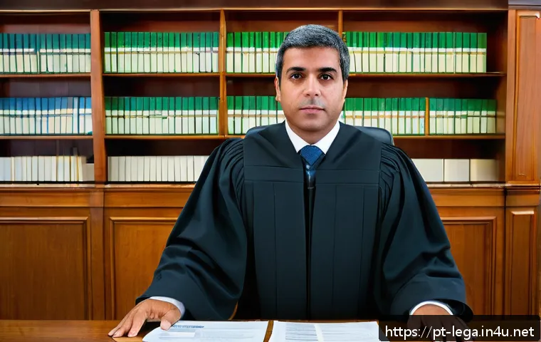 법무사 시험 중 부동산 관련 과목 공부법 - A detailed courtroom scene showing a Brazilian judicial officer (official de justi&ccedil;a) in professiona...